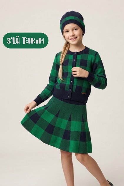 Girl's Checkered Buttoned Cardigan Knitwear Skirt Beret 3-Piece Set
