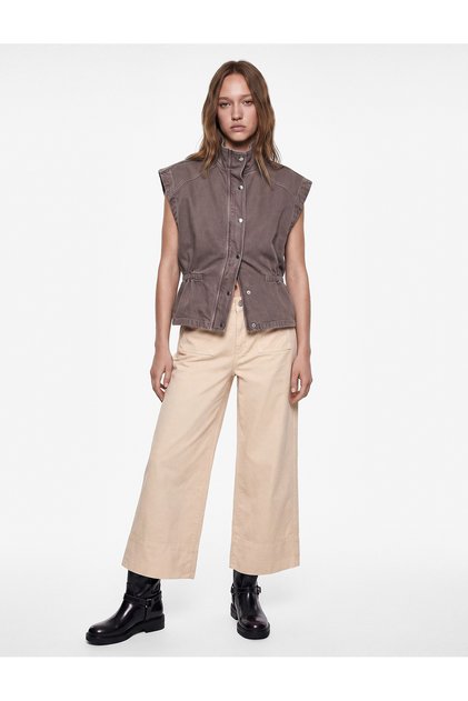 Cotton Buttoned Regular Waist Pocketed Wide Leg Trousers - Culotte Jeans