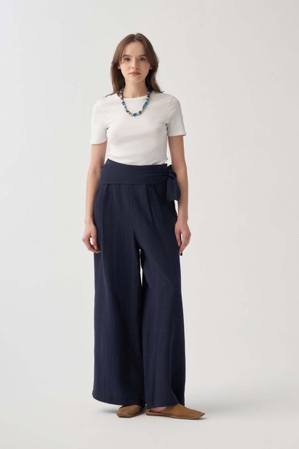 Navy Blue Muslin Trousers with Waist Tie Detail
