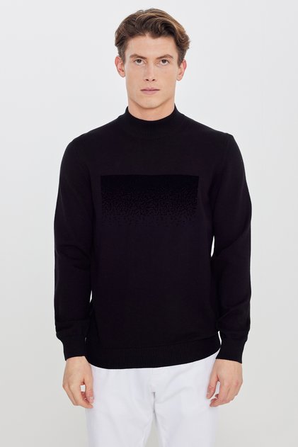 Men's Black 100% Cotton Standard Fit Half Turtleneck Printed Knitwear Sweater