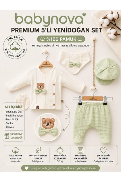 • Babynova 5-Piece Newborn Hospital Release Set with Teddy Bear Figure - Blue Scarf Set