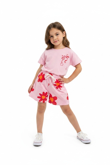 Girls' 2-Piece Shorts Set Crew Neck Short Sleeve Printed T-Shirt - Elastic Waist Tie