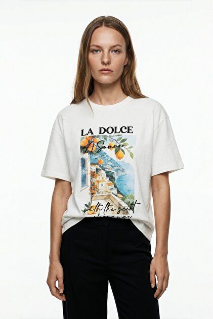 Women's Letter Embroidered Printed Oversize T-Shirt Ecru