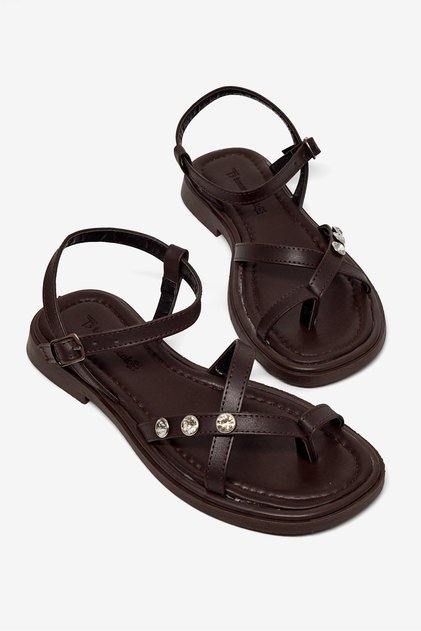 Women's Brown Comfortable Stone-Embellished Flip-Flop Sandals