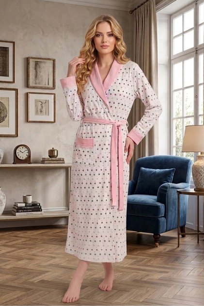 New Season Pink Shawl Collar Patterned Pocket Detailed Special Design Large Size (Oversized) Long Dressing Gown
