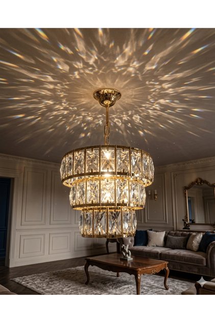 Modern Gold Kristal Avize 3 Katlı Sarkıt Avize – Lüks Salon, Oturma Odası, Yatak Odası, Antre Avizesi