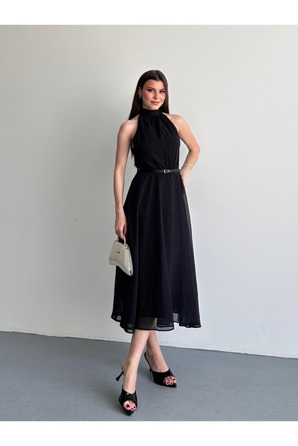 Halter Neck Polka Dot Belted Chiffon Dress