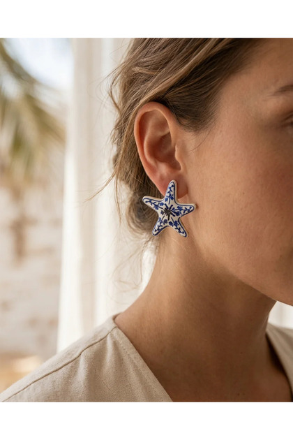 Ceramic Women's Earrings Summer Jewelry Blue White Star Model