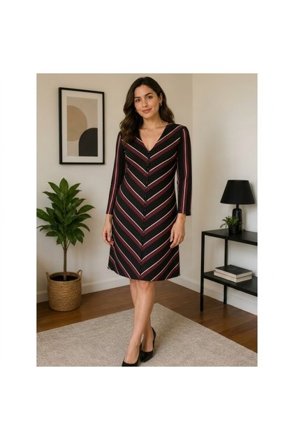 Women's Black Burgundy Striped V-Neck Front Half Placket Buttoned Midi Dress