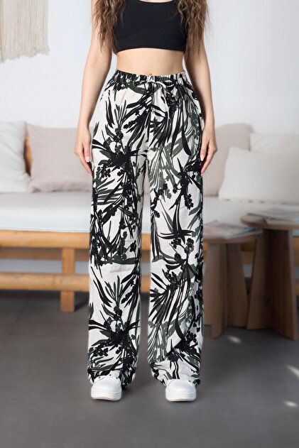 Women's High Waist Leaf Patterned Loose Cut Elastic Waist Fabric Trousers