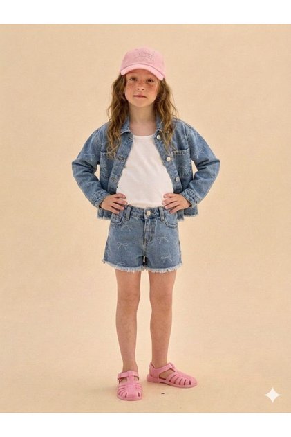 Bowknot Printed Shorts Jacket Jeans / Denim 2-Piece Set