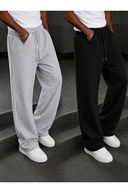 2 Pieces Baggy Fit Men's Black Gray Sweatpants Seasonal Regular
