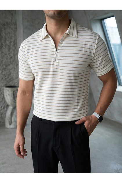 Polo Striped T-Shirt Waffle Cotton Fabric Comfortable Fit