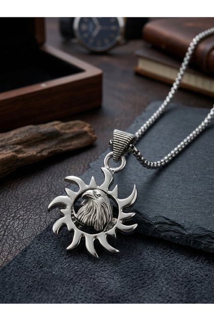 Silver Antique Eagle Figured Men's Necklace with Sun Inside
