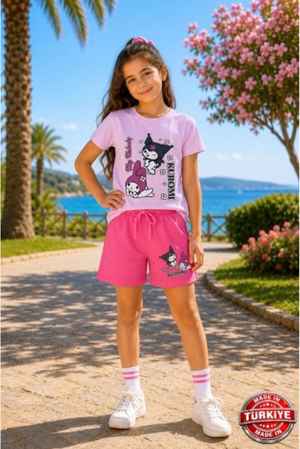 Kuromi Printed Girls' Shorts T-Shirt Set - 100% Cotton Summer Top and Bottom Set