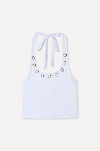 Women's White Eyelet Detailed Fitted Tie-Up Sleeveless Blouse