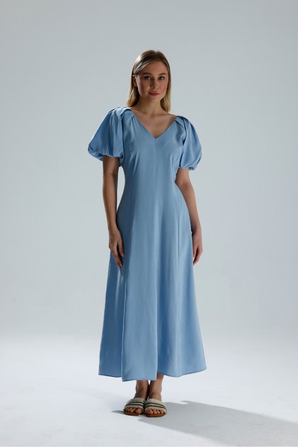 Bollans Balon Kol V-Neck Long Dress