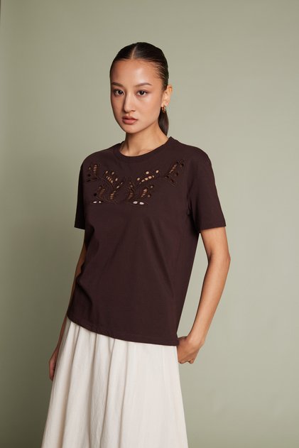Cutwork Embroidery Detail Short Sleeve T-Shirt Brown