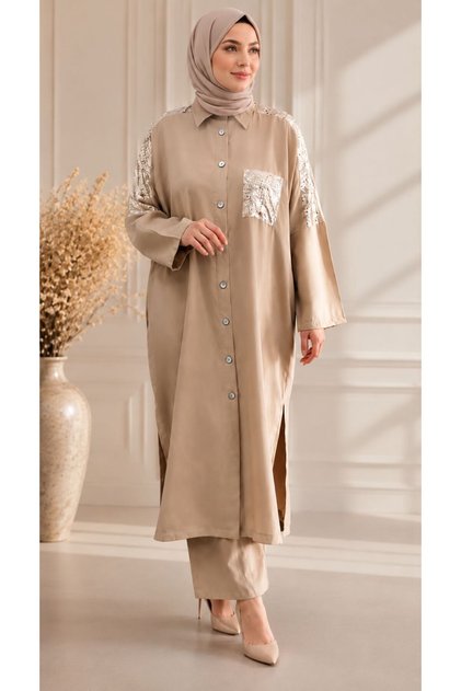 Modal Cupra Sequin Detailed Premium Trousers Tunic Set
