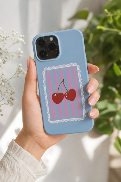 iPhone 11 Pro Max Compatible Launch Silicone Cherry Pattern Shock Absorbing Case Blue