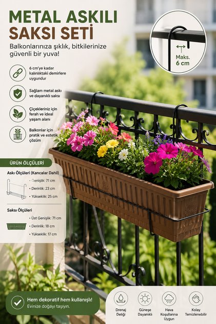 Askılı Balkon Saksısı Metal Ayaklı Saksı Terracotta 71cm Büyük Saksı AH085Ü