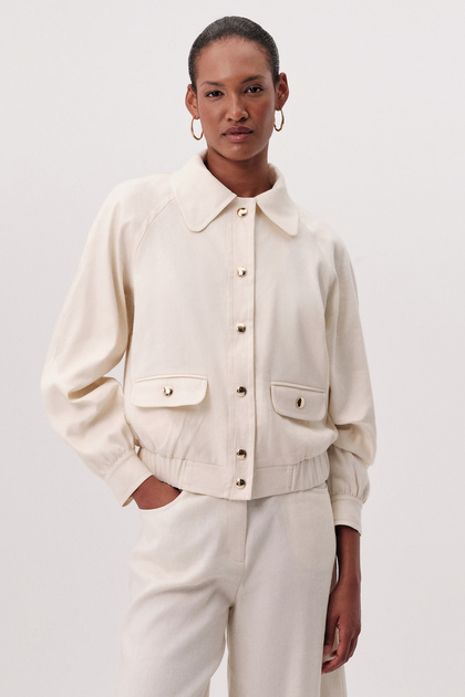 Long Sleeve Crop Bomber Jacket with Pockets and Elastic Waist