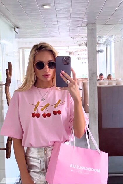 The Champ Clothing Kadın Oversize Tişört Cherry Mood Baskılı Pembe