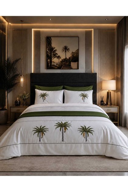 Oasis Palm 100% Cotton Palm Embroidered Double Runner Duvet Cover Set 7 Pieces
