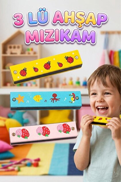 Tıfıl Toys 3'lü Ahşap Çocuk Mızıka Seti! 16 Delikli 12cm Renkli