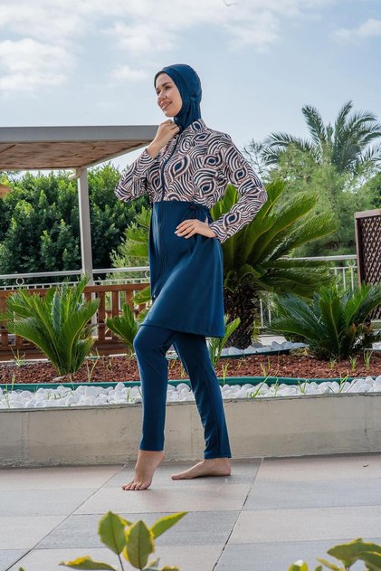 Full Covered Hijab Swimsuit Petrol Blue Zippered Long Sleeve C2T2N2O62-1