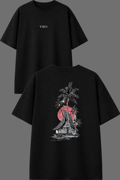 Sahil Ev Tasarım Front and Back Printed Black Oversize T-Shirt