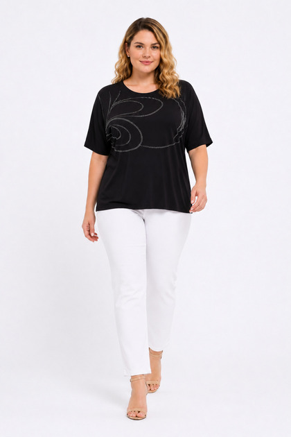 Women's Plus Size Black, Stone Detailed Bat Sleeve Blouse 65N39526
