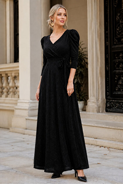 IILTI Women's 3/16 Sleeve Double Breasted Collar Glitter Belted Sparkly  Special Design Special Occasion Black Evening Dress- Trendyol