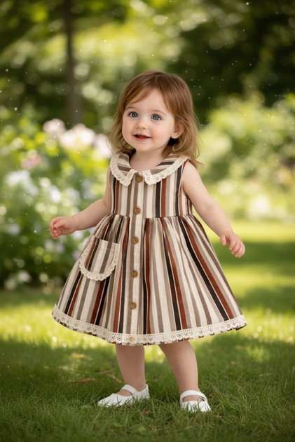 Baby Striped Kopanki Collared Front Buttoned Dress Vintage Combination