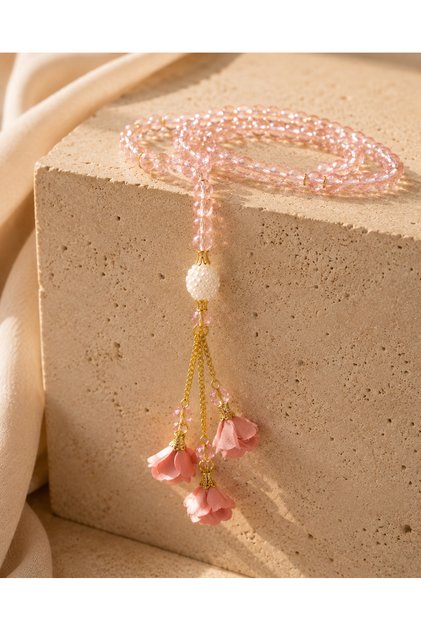 Pembe Kristal Cam Boncuklu Güllü Tesbih 99'lu