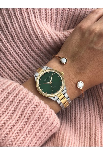 Faceted Cut Glass Stone Detailed Double Color Metal Cord Green Dial Women's Wristwatch
