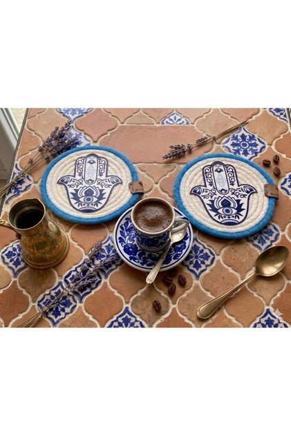 Handmade Set of 2 Coasters with Fatma Ana's Hand Theme – Decorative Coffee and Tea Coasters