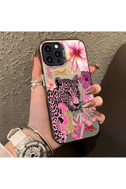 iPhone 15 Pro Compatible Silicone Edge Hard Back Case Couple Phone Case Leopard Pattern