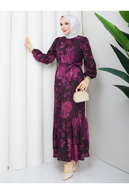 Women's Long Hijab Stylish Dress - Belted Cesika Fabric Print Pattern Hijab Dress Long Sleeve 140cm Length