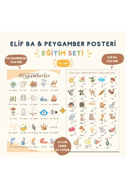 Elif Ba Posteri + Peygamberler Posteri Paketi | Avantajlı Set | Statik Tutunma Özellikli