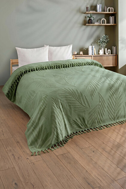 Çift Kişilik Saçaklı Havlu Yatak Örtüsü - %100 Pamuk & Yumuşak & Saçaklı Pike - 200x220 cm-Yeşil