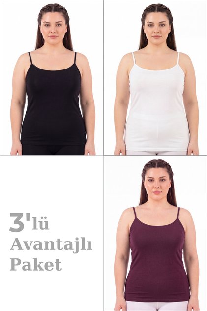 Kadın Büyük Beden İp Askılı Atlet Pamuklu Likralı Yumuşak Esnek Kumaş 3'lü Paket