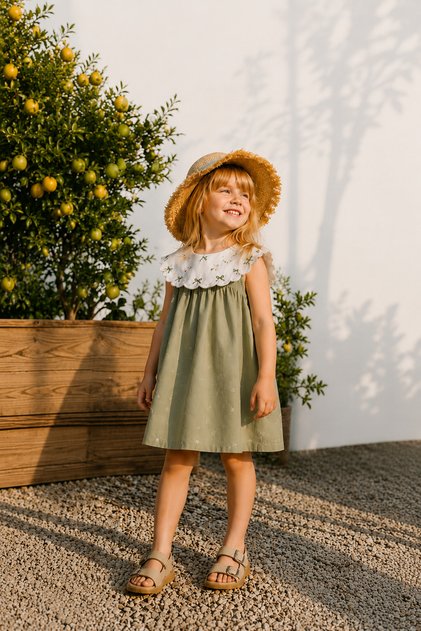 Baby Khaki Baby Collar Embroidered Dress