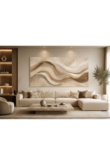 Modern Soyut Dalga Kanvas Tablo – Bej Krem Gold Dokulu Lüks Duvar Dekoru | Çerçevesiz Minimalist Salon, Yatak Odası ve Antre Tablosu | Premium Baskı Dekoratif Duvar Sanatı