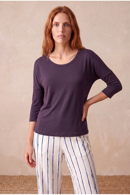 Women's Purple Viscose Relaxed Fit Crew Neck 3/4 Sleeve Drop Shoulder Blouse Lia
