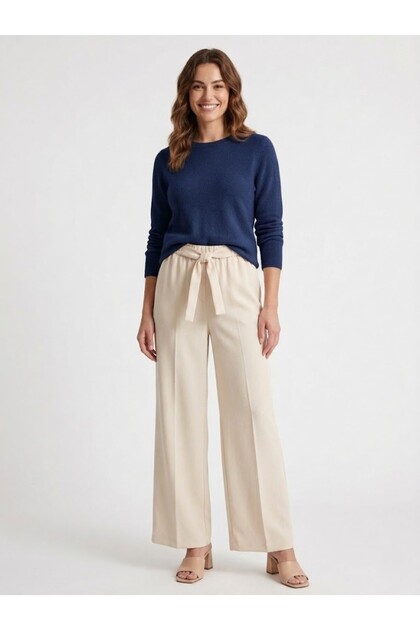 Women's Cream High Waist Tie Belted Wide Leg Fabric Trousers