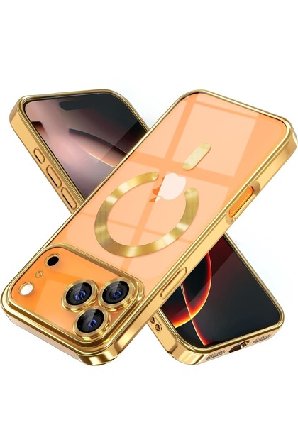 Husa pentru iPhone 17 Pro DaDen MagSafe Luxury, Antisoc, Protectie Camera, Margini Metalizate, Transparenta cu Margini Aurii / Gold