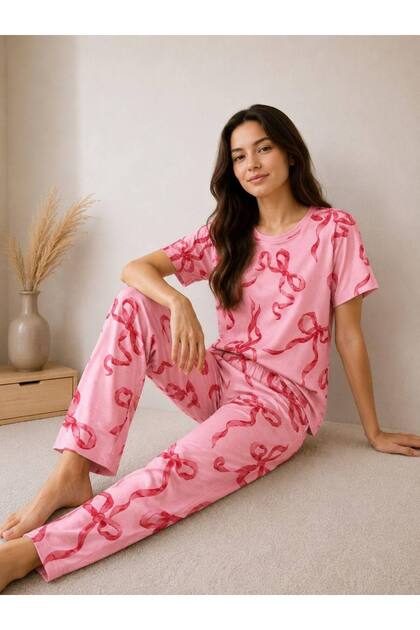 Girl's Bow Cotton Milan Fabric Short-Sleeved Pajama Set