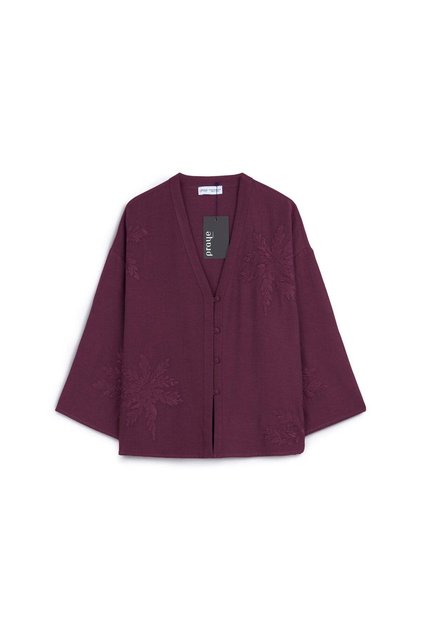 Nakışlı Düğmeli Kimono Bordo