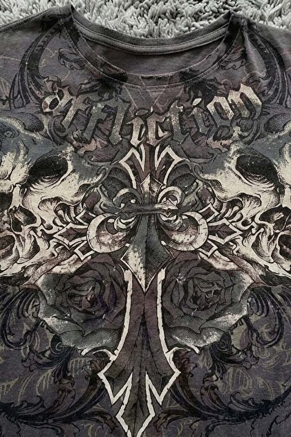 Köstebek Antrasit Affliction Double Skull Cross Y2K Unisex T-Shirt